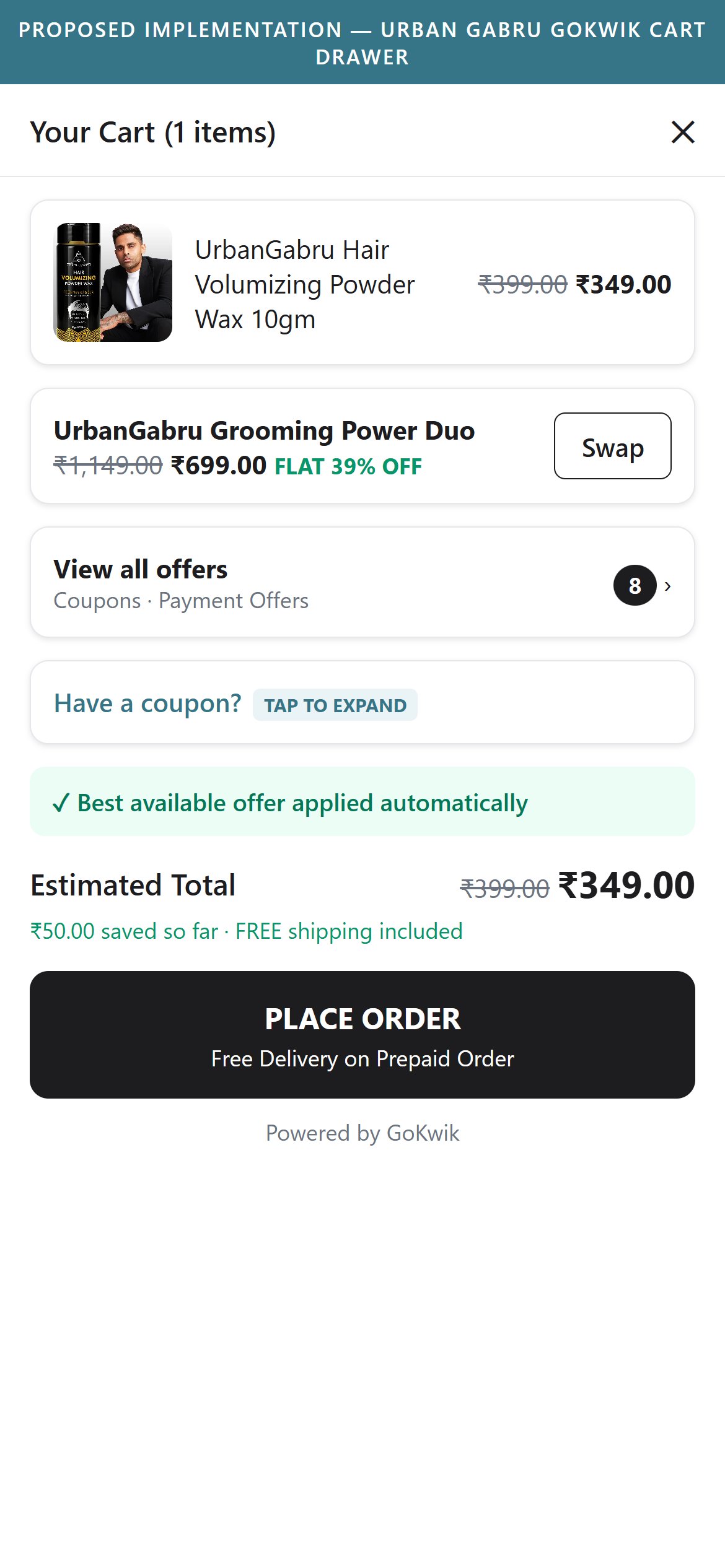 Proposed Implementation — Urban Gabru Mobile Cart Drawer Collapsed Coupon
